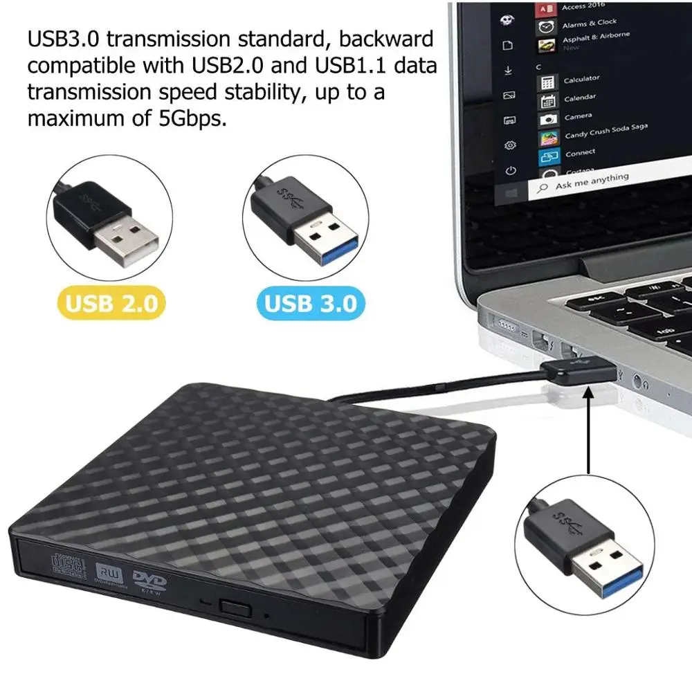  Corrugated External USB3.0 DVD Burner RW CD Writer Slim Optical Drive Burner Reader Player Tray Typ