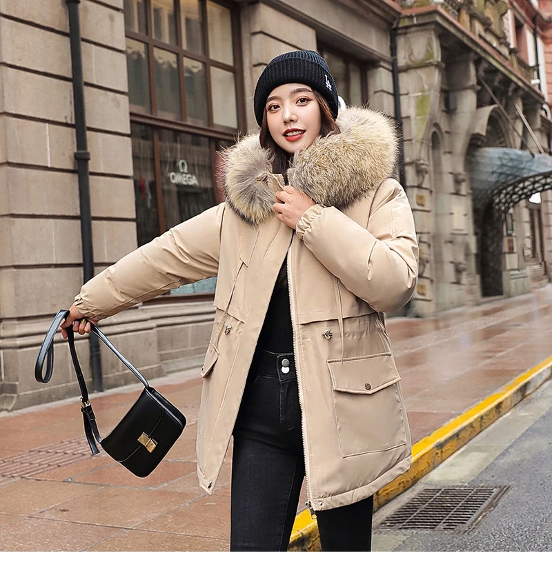 

Fashionable Warm Cotton Liner Hooded Down Parkas Coat Winter Jacket Women Adjustable Waist Fur Collar Jacket Parka 2020 New