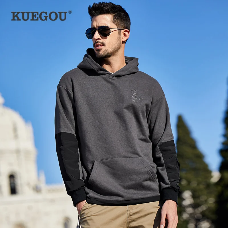 KUEGOU Brand Men's hoodies 2020 autumn winter Men's sweatshirt Simple cloth joining together fashion LW-1762 KUEGOU Brand Men's hoodies 2020 autumn winter Men's sweatshirt Simple cloth joining together fashion LW-1762