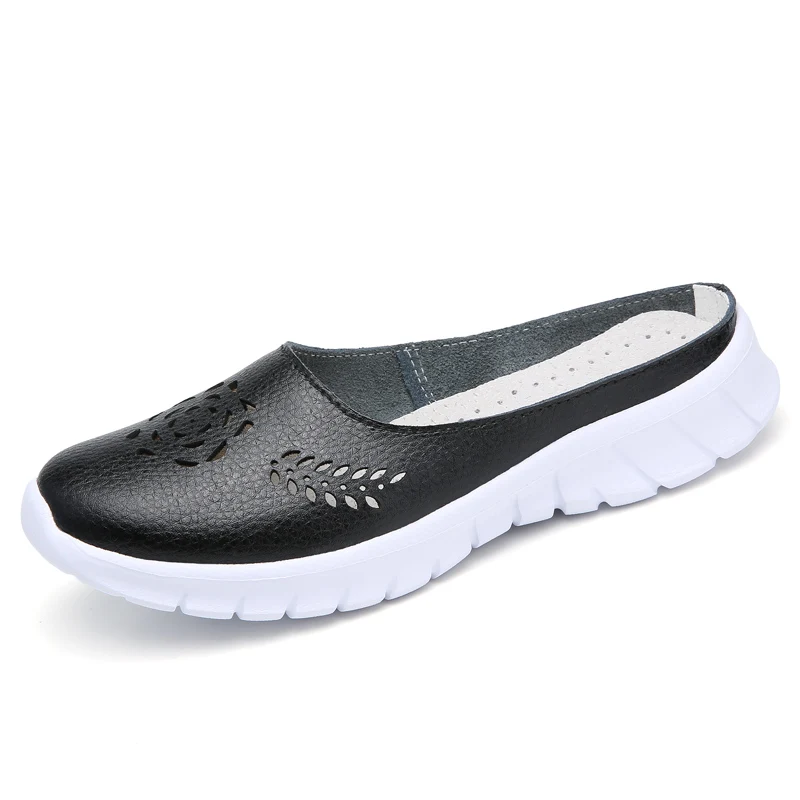 Summer women flat shoes genuine leather cutout ballet flats shoes flats ladies slip on loafers nurse boat shoes - Цвет: 7733 Black