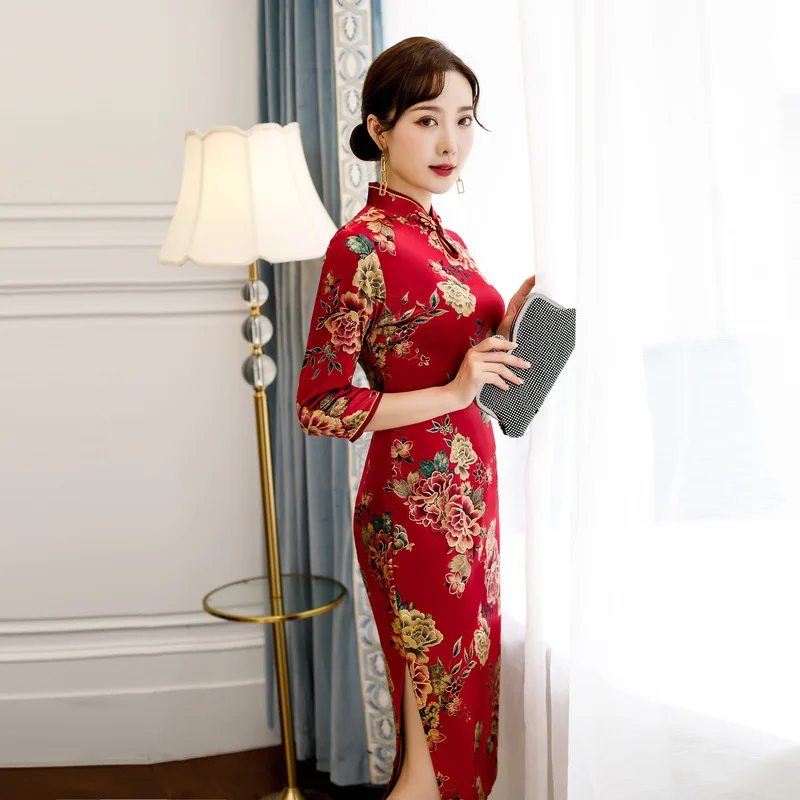 Женское платье вечернее платье с принтом три четверти рукав cheongsam бархат vestidos китайское платье свадебное платье Размер M-4XL