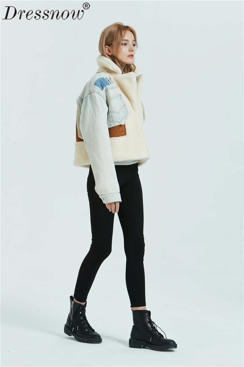Dressnow, женская короткая джинсовая стеганая куртка, для девушек, плюс бархат, толстая овечья шерсть, пальто, женские модные зимние пальто