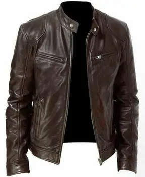 

Mens Zipper Outwear Coat Motorcycle Broadcloth Leather Jacket Stand Collar Faux