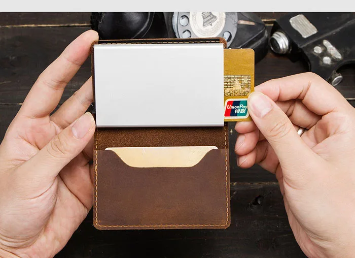 MRF44 Винтаж Натуральная кожа Алюминий RFID для мужчин бизнес ID держатель карты Тонкий всплывающий тонкий кошелек с отделами для карт мужской кошелек для монет