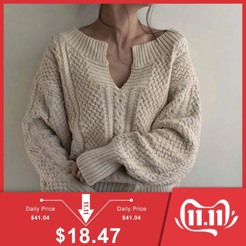 

Bohoartist Fall Winter Women's Korean Style Pullover Sweaters Leisure Loose Oversize Plain Sweaters V-neck Street Tops