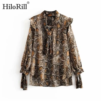 

Women Fashion Snake Print Ruffles Long Sleeve Blouse Bow Tie Collar Streetwear Shirt Lace Up Loose Lady Blouses Autumn Top Mujer
