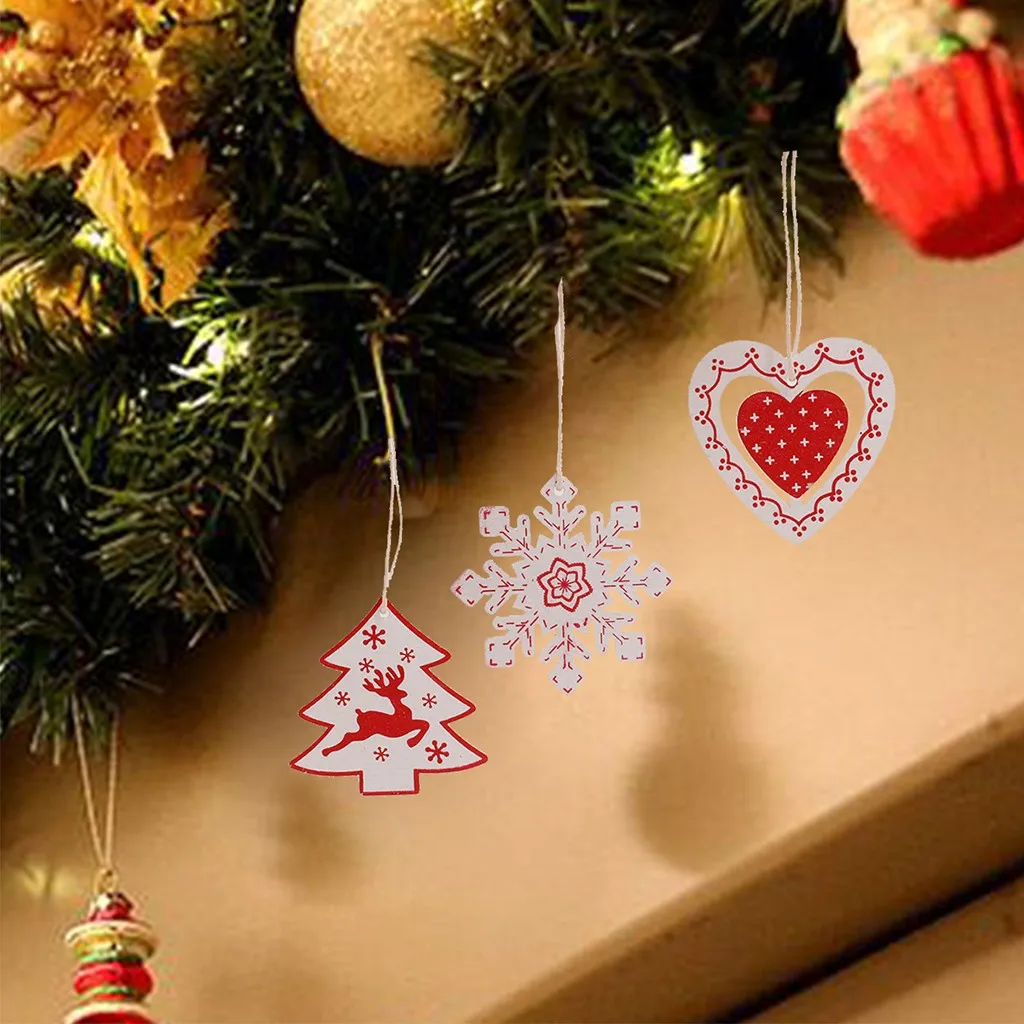 24 PCS Christmas Wooden Pendants Bell Elk Snowflake Shaped Xmas Tree Ornaments Ozdoby Swiateczne Christmas Wood Hanging Ornament