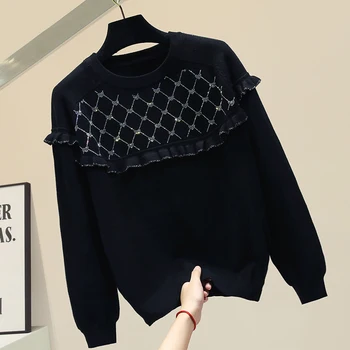 

Diamond Sweater Thick Sweater Ins Women's New Loose Outer Wear All-match Black Sweater Ruffles Pullovers Sweter Mujer 2020