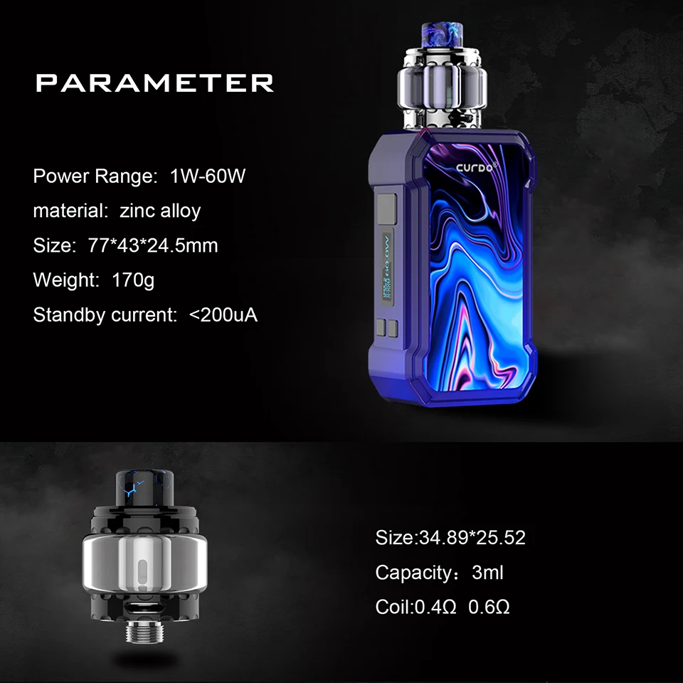 New Original Curdo Hally 60W TC Kit with 3ml Atomizer 0.4ohm Coil  0.6ohm Coil & 0.96 Inch Screen Electronic Vape Kit VS Drag 2 (8)