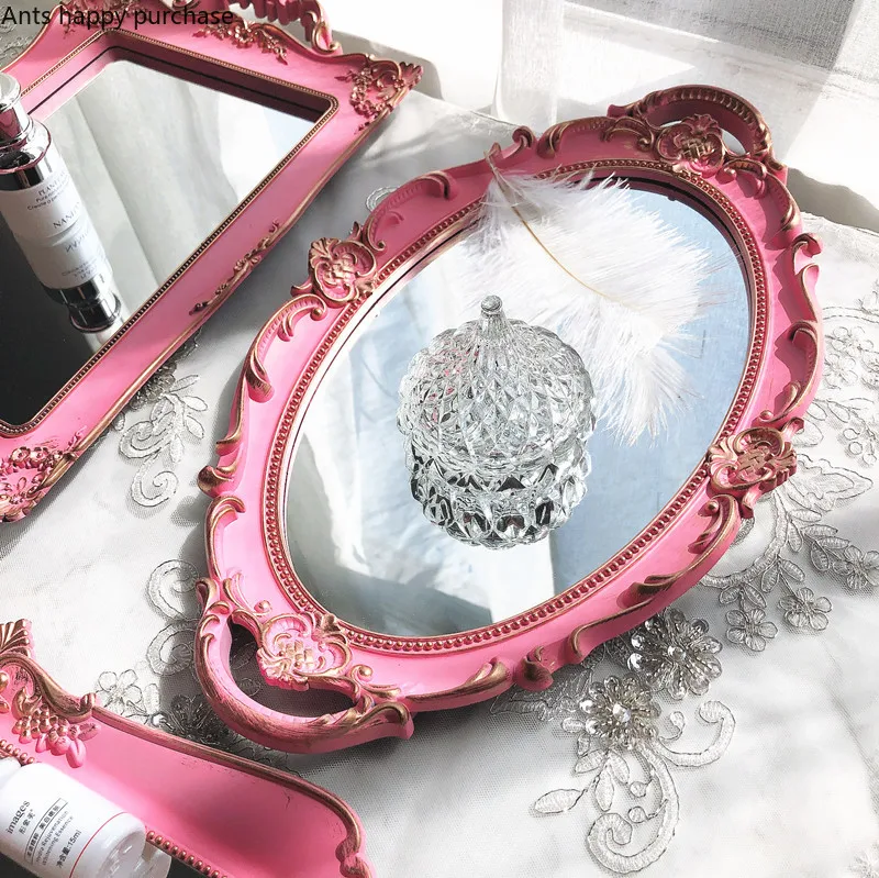 

Pink European Style Mirror Tea Set Tray Dessert Tray Wedding Photography Props Storage Cosmetic Jewelry Storage Trays Decorative