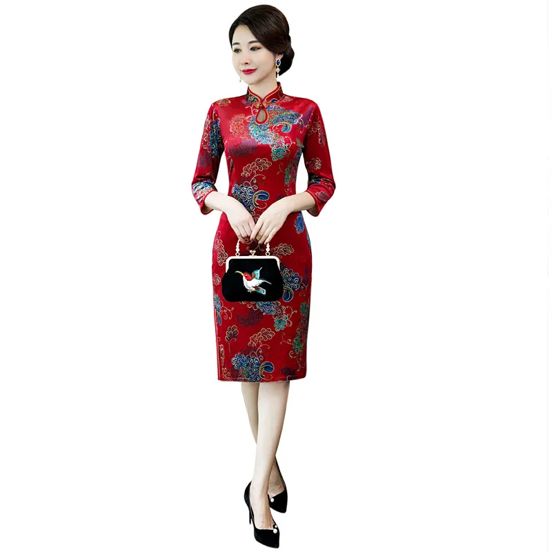 Бордовое осенне-зимнее винтажное женское китайское традиционное тонкое китайское классическое женское платье-Ципао с воротником-стойкой
