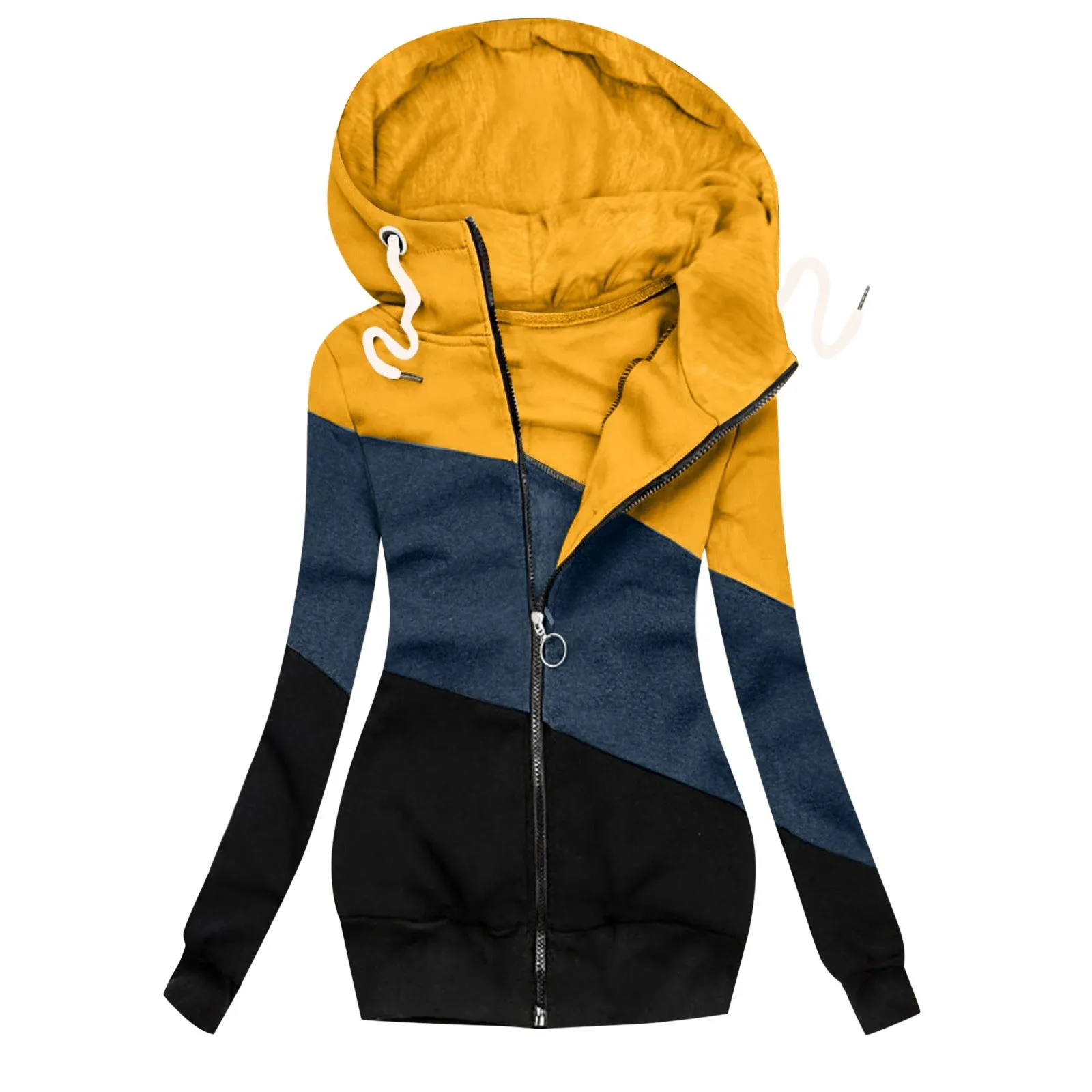 

WomHoodie Sweatershirt for Women Slim Zipper Patchworks Color Drawstring Long Hooded Coat Female Hoody Outwear