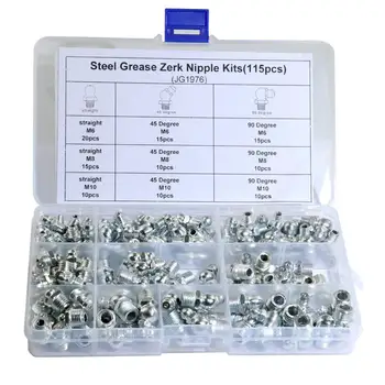 

115Pcs M6/M8/M10 Metal Brass Grease Nipple Fitting Hardware Assortment Kits