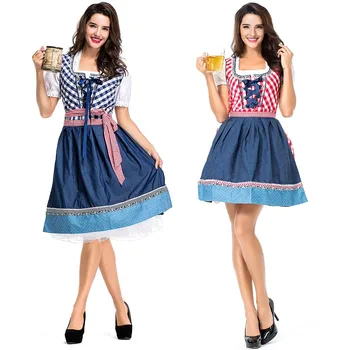 

Women's Beer Girl Cosplay Costume for Beer Festival Stage Performance Blue Red Dress 4pcs Outfit for Carnival Make Up Party