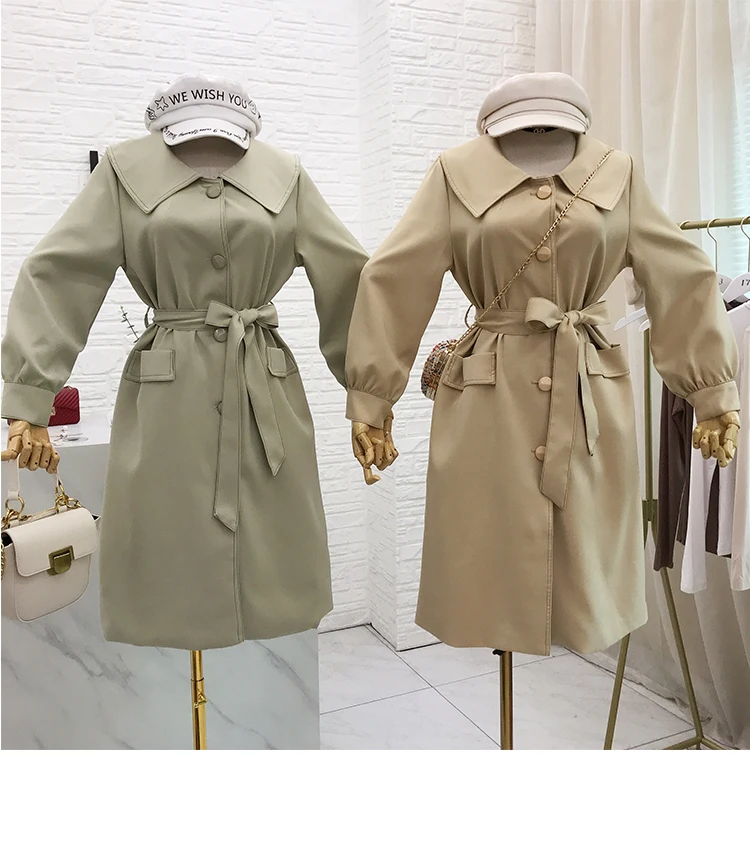 Женское длинное пальто с кукольным воротником, осень, новое корейское модное свободное однобортное пальто со шнуровкой, пальто для женщин