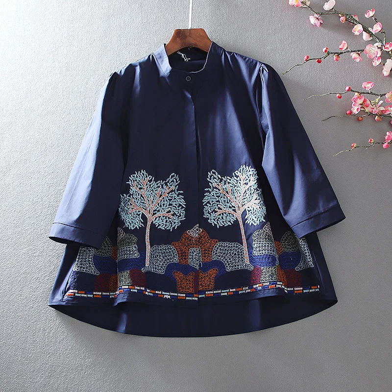 

Women's Spring Autumn Designer Embroidery White Cotton Shirt Female High Waist Casual Loose T Shirt Top TB453