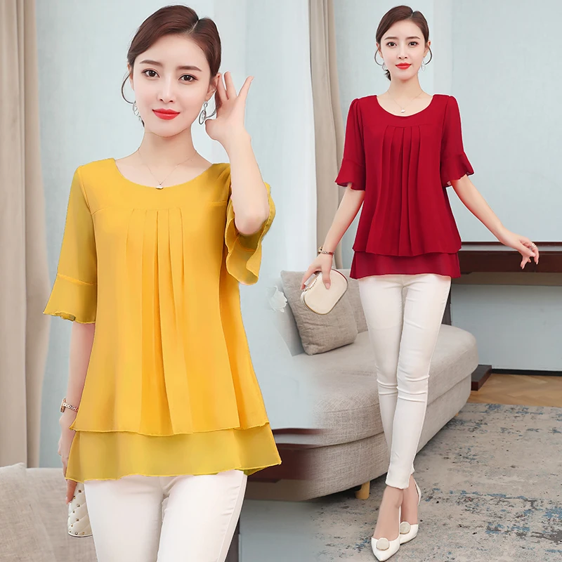 

2020 Summer obesity Mid-length Chiffon Blouse Plus Size 5XL Women Short sleeve Beautiful Self-cultivati Shirt blouse NS4600