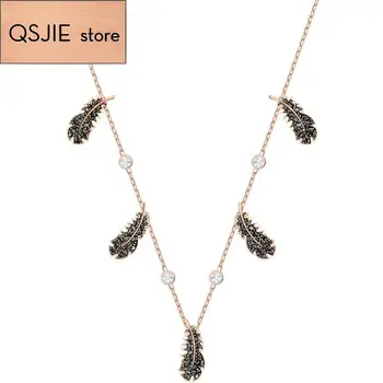 

QSJIE High quality SWA new style feather tassel temperament with leaves crystal clavicle Chain Necklace Charming fashion jewelry