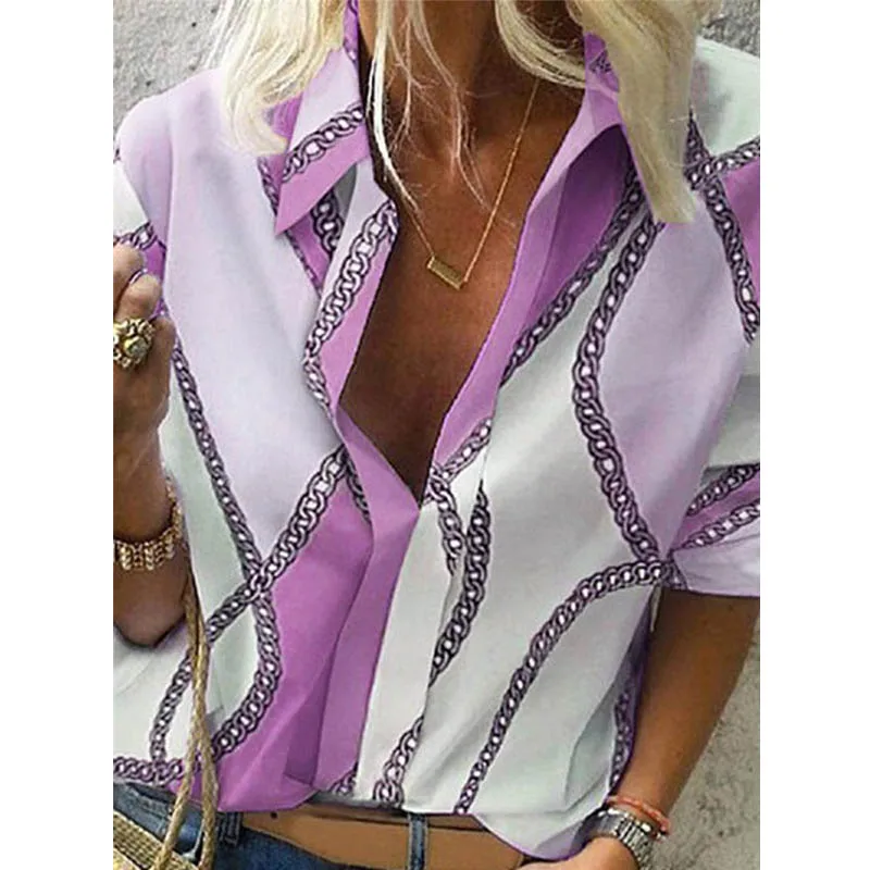 Chain Purple Весенняя женская блузка для отдыха, топы, женские офисные блузки с цепным принтом, женские стильные блузки с длинным рукавом, женские 5XL - Цвет: Chain Purple