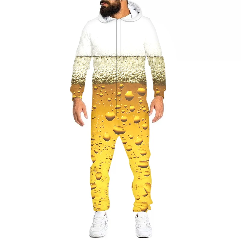 Beer Rompers Party Men's Oversized One-piece Clothing  Zipper Hoodie Jumpsuit Street Style Coverall Dropship Wholesale Tracksuit