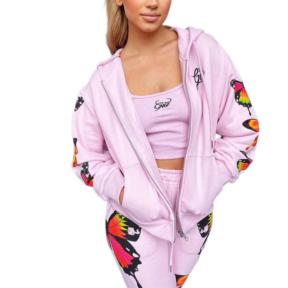 

AA 3 Pcs Womens Outfit, Spaghetti Strap Low-Cut Tank Top + Zipper Hoodie + Tie-Waist Pants with Butterfly Patterns Suits Ladies