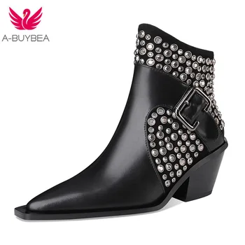 

Autumn Gorgeous Cow Leather Women Ankle Boots Pointed Toe Crystal Buckle High Heels Streetwear Young Lady Fashion Chelsea Boots