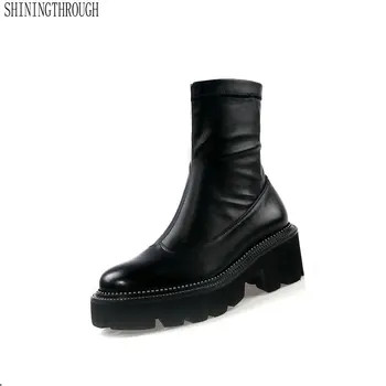 

Genuine Leather Women ankle motorcycle Boots thick high heels platform Boots Party Night Club Boots Ladies Shoes size 41 42