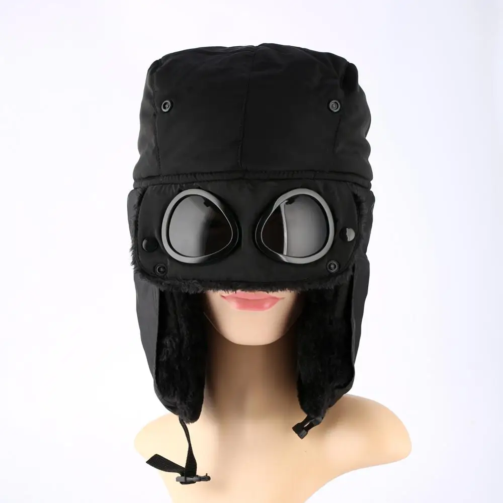 Earmuff Hat Riding Sunglasses Hats with Ears Wind Protection Keep Warm Earflap Caps Fur Ski Winter Women's Anti-fog and Haze Cap - Цвет: Черный
