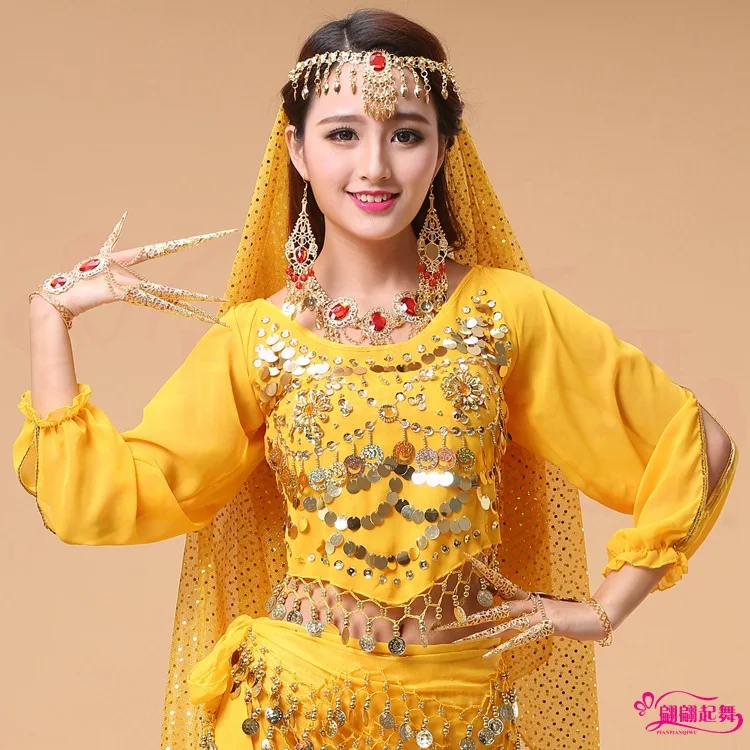 India Dance Table Performance Practice Clothes Belly Dance Clothing New Style Belly Dance Two Flowers Pepper Long-sleeved Upper