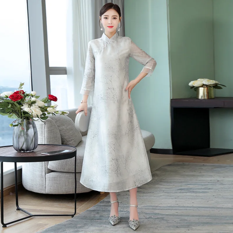 Летнее чайное платье в китайском стиле, традиционное платье Hanfu, древнее платье, рукав три четверти, воротник Мандарин, платье Тан