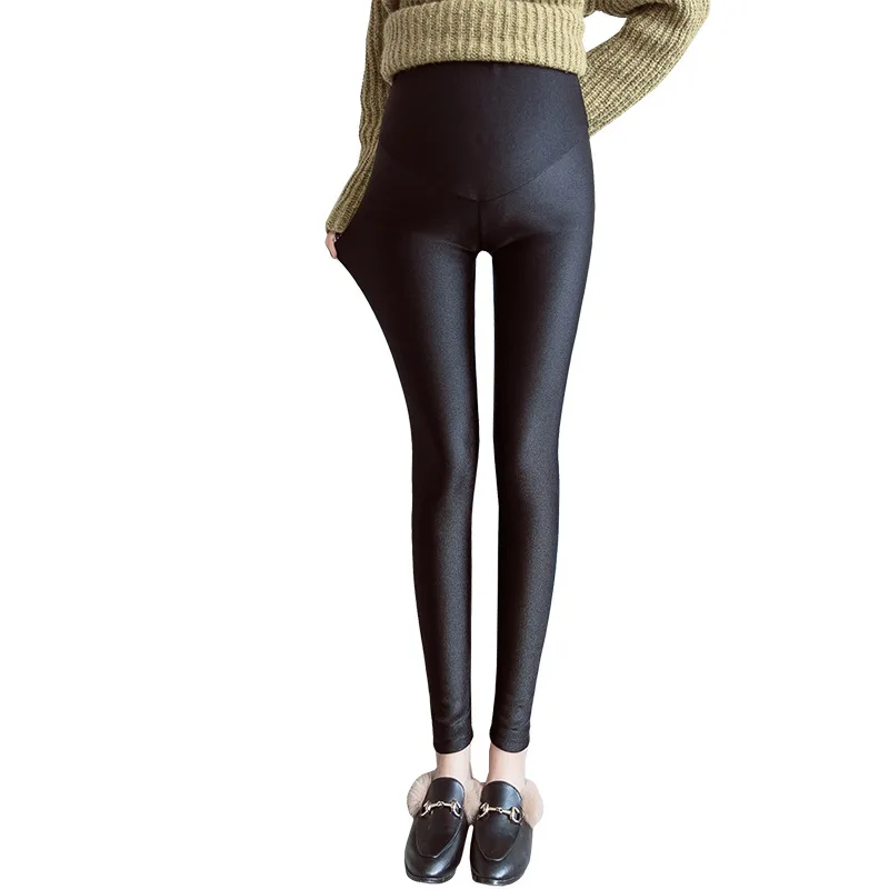 Women Pants Maternity Pants Maternity spring autumn slim fit skinny leggings for pregnant women pure black bright shine leggings step foot pants