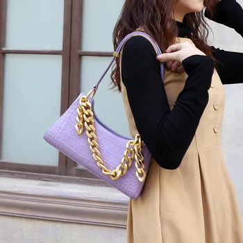 

small crocodile half moon bag one shoulder baguette bag hand bag leather thick chain armpit bag