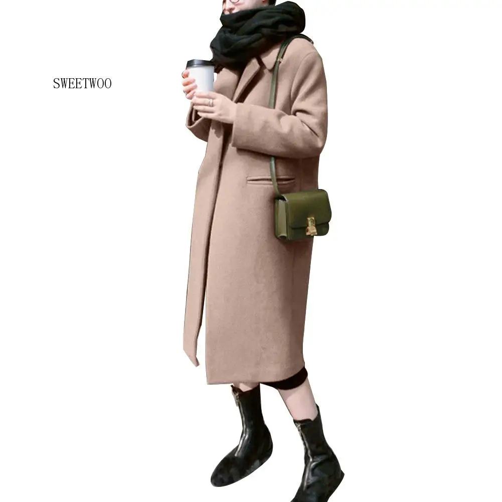 Women Winter Solid Color Lapel Collar Thicken Slim Long Trench Coat Warm Mid-length thick windbreaker coat Solid color coat