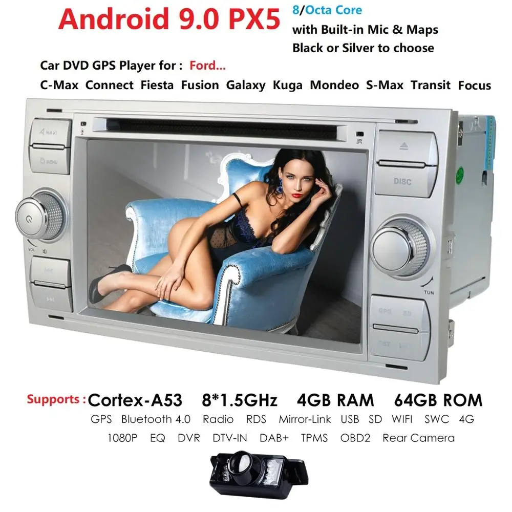 2 Din автомагнитола Android 9 для Ford/Mondeo/Focus/Transit/C-MAX автомобильный DVD мультимедийный gps плеер ram 4 Гб rom 64 Гб DVR DSP FM CAM RDS