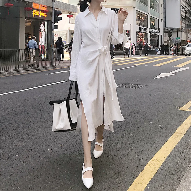 Платье Осень женское 2019 Корейской Моды Шикарная Рубашка с Узел на талии и