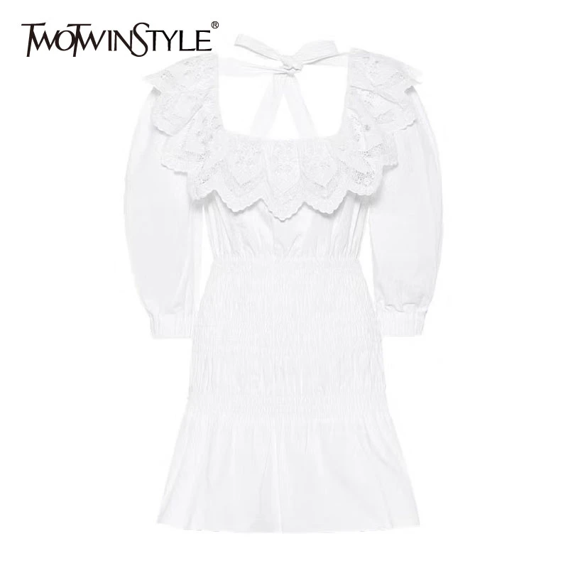 TWOTWINSTYLE Elegant Backless Lace Up Bowknot Dress For Women Square Collar Lace Ruffle High Waist Dresses Female 2020 New TWOTWINSTYLE Elegant Backless Lace Up Bowknot Dress For Women Square Collar Lace Ruffle High Waist Dresses Female 2020 New