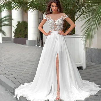 

Custom Size Round Collar Wedding Dress Chiffon Short Sleeve Bride Dress Elegant Slit Wedding Gowns 2020