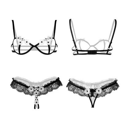 Черный Sexy female sexy open file bare chest rim flower perspective bra set+ embroidery perspective split suit - Цвет: Черный