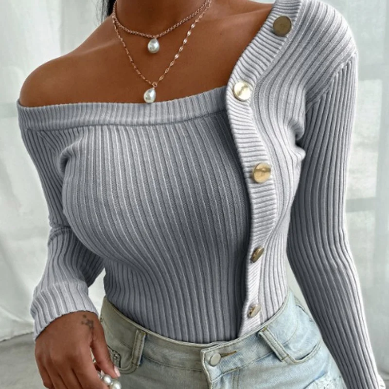 

Sexy stitching Knit Pullovers Autumn Winter Long Sleeve Button O-neck Sweater Female Soft Slim Knit Jumper Tops Black White