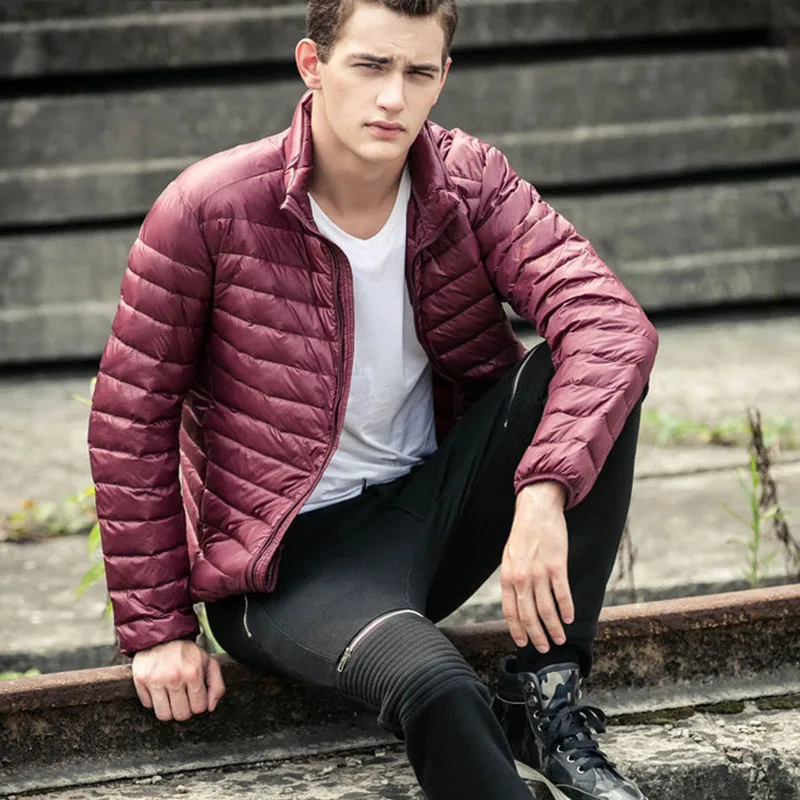 

2019 Spring/Autumn Mens Basic Coat Jacket Duck Down Filler Fashion Light Thin Stand Collar Plus Size:3XL-7XL Male Slim Overcoat