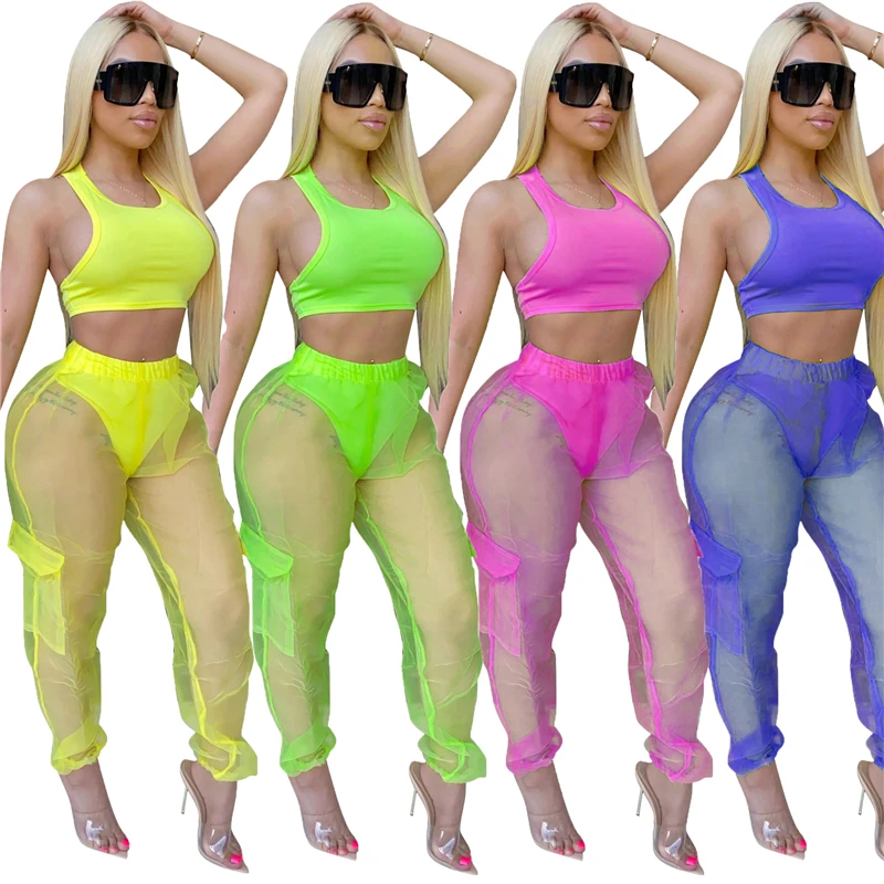

2020 Women Mesh Perspective Tracksuit Sporty Fitness Two Piece Set Vest Crop Top+ Pockets Sheer Mesh Overalls Pants Home Suit