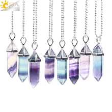 Collares CSJA fluorita colgantes de cristal suspensión Natural piedra preciosa cuarzo bala Hexagonal péndulo de Reiki Chakra pendulo E546