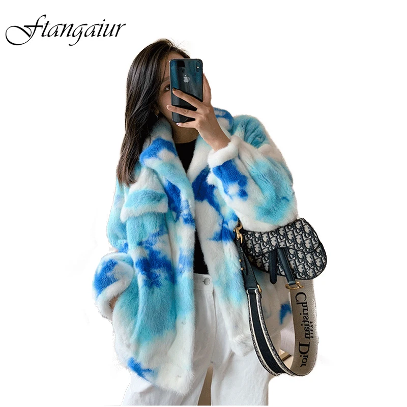 Ftangaiur Winter Import Velvet Mink Fur Coat Slim Full Sleeve Print Natural Coats Women Short Jacket Real | Женская одежда
