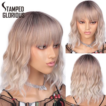 

Stamped Glorious Curly Bob Wig with Bangs Brown to Blonde Short Wig 3 Tone Ombre Wig Natural wavy Heat Resistant Synthetic Hair
