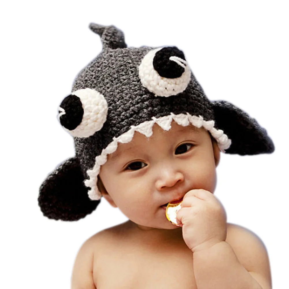 Baby Knitted Shark Hat Grey Crochet Beanie Big Eyes Warm Caps for Autumn Winter AN88
