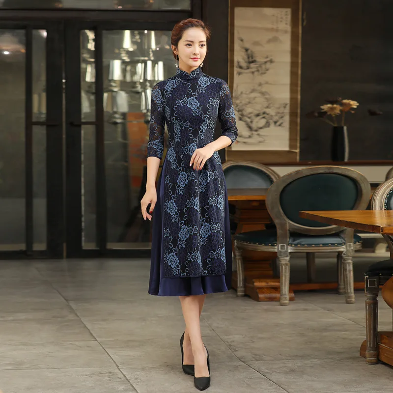 Традиционное вьетнамское стильное платье с коротким рукавом Ao Dai