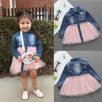 

Solid Long sleeve Denim and Mesh Tulle Shirt Dress For Toddler Girl