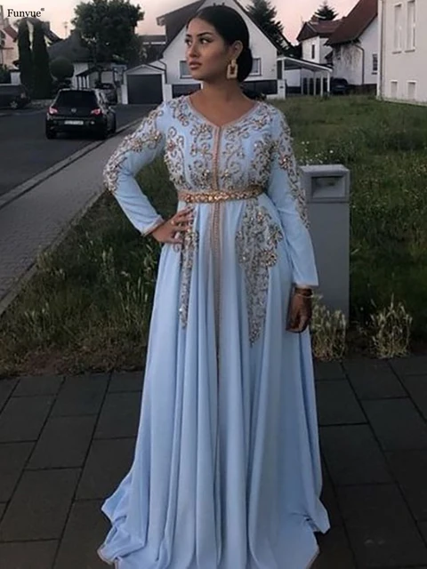Elegant Sky Blue Moroccan Caftan Evening Dresses 2021 V-Neck Algeria Arabic Muslim Special Occasion Dresses A-LINE Party Gowns 1