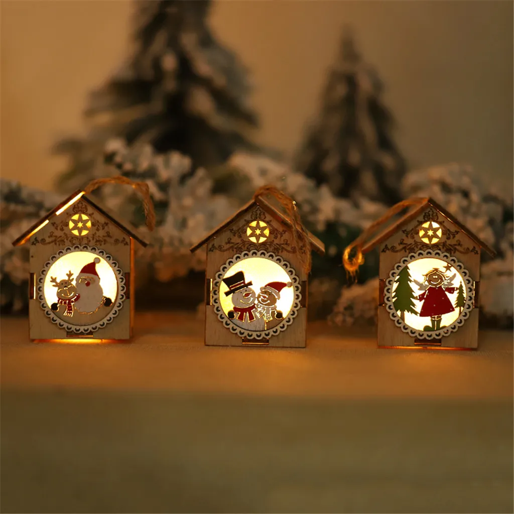 Милый светодиодный светильник деревянный дом Рождественская елка висячие украшения Санта снеговик, рождественские украшения для дома adornos de navidad