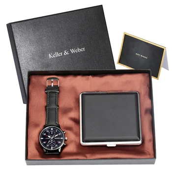 

Mens Gift Set Watch Black Leather Band Ban Wrist Watch Business Men Clcok with Cigerette Box for Men Boyfriend Dad Reloj Mascu